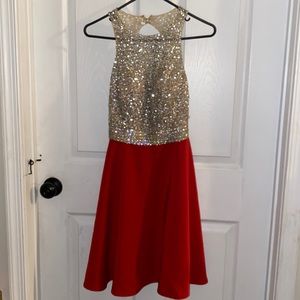 Size 2, Sequin/Opaque Top/Backless Red Dress